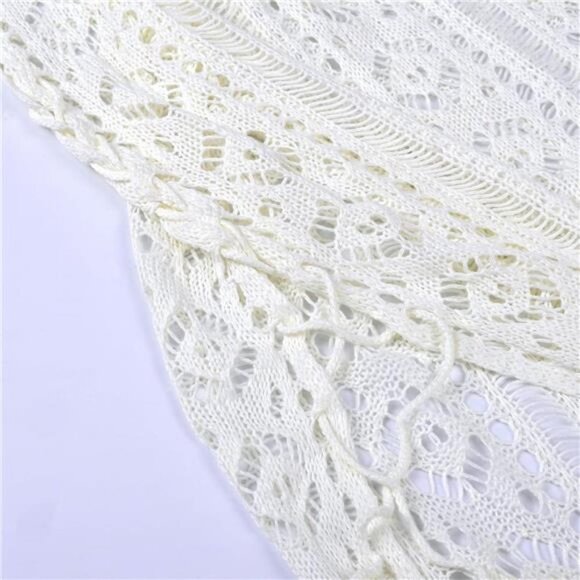 White Knit Crochet Bikini Swimsuit Coverup Dress Short Sleeve Swim Beach Dress‎ - Picture 7 of 7